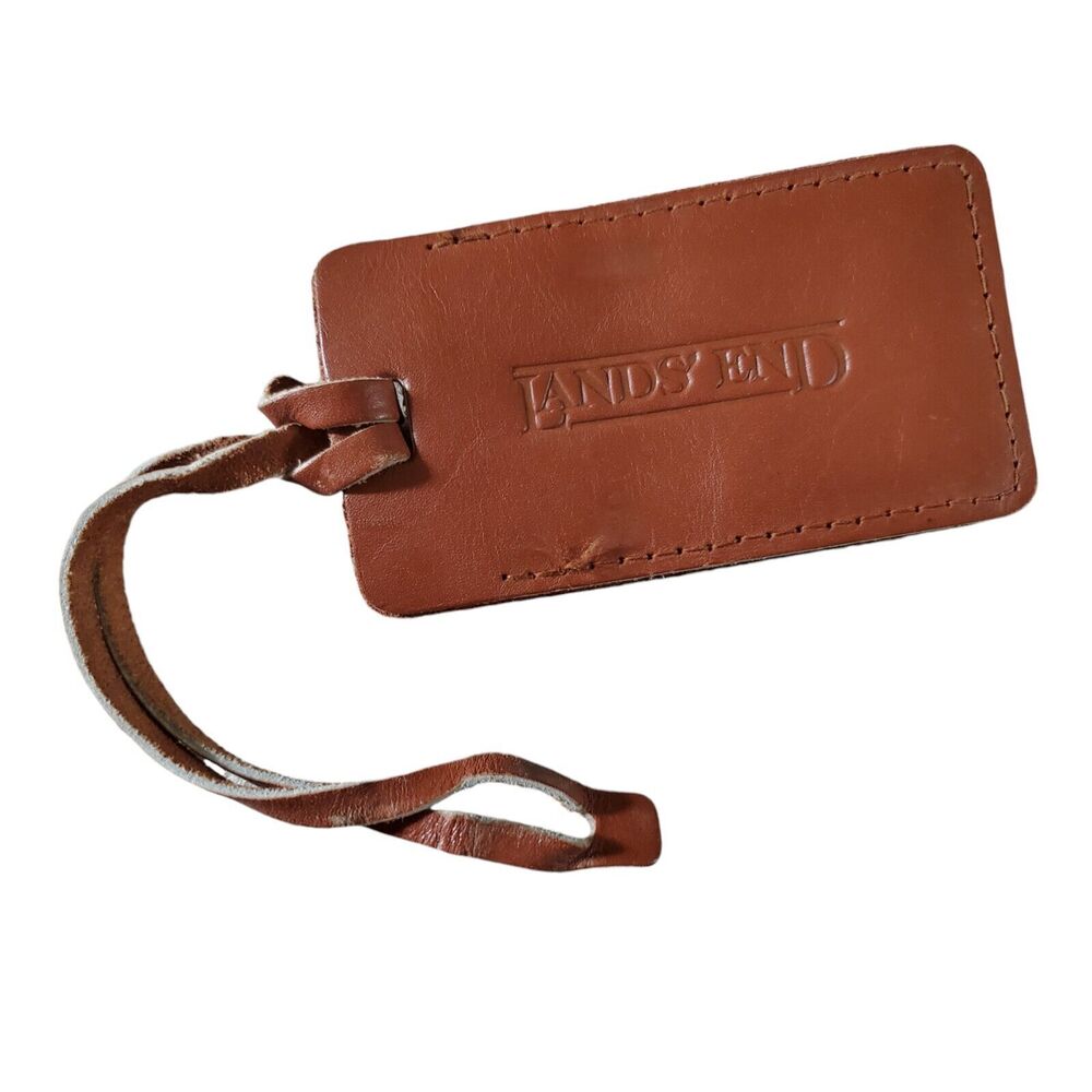 Lands End Leather Luggage Address Name Tag 90s Travel Bag Accessory Brown Logo